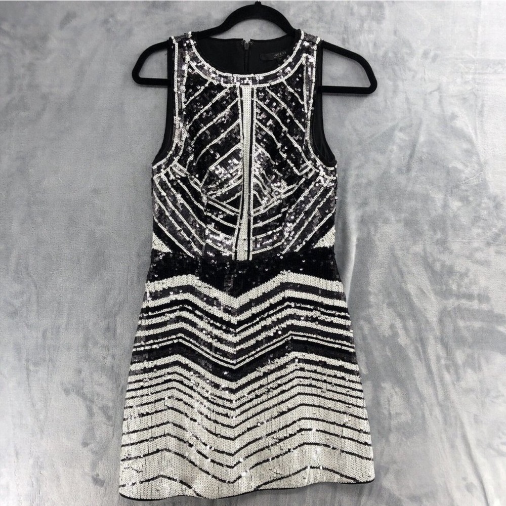 Guess Dress Womens Size 4 Sequins Cocktail Bodycon Black White Party Holiday